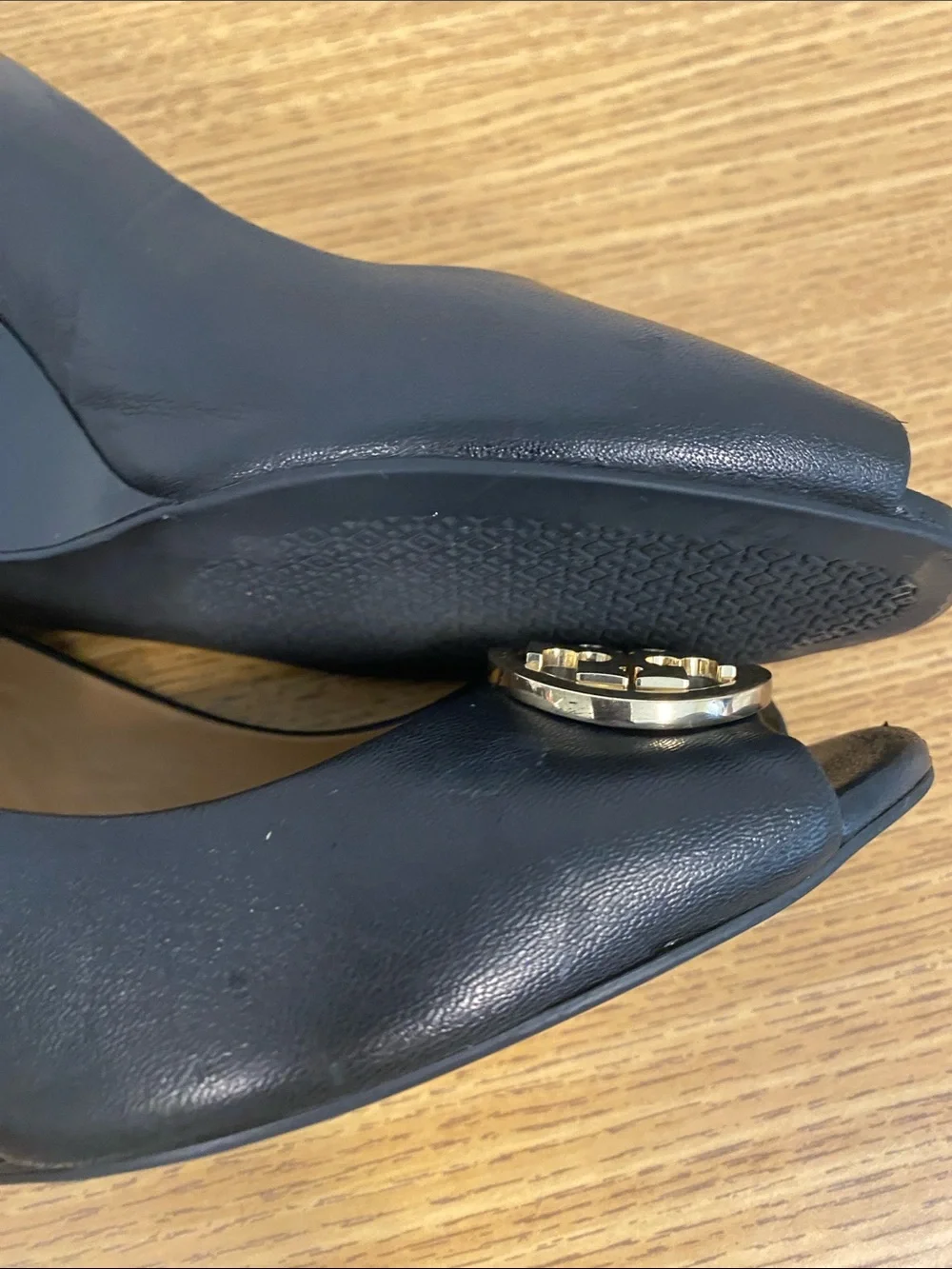 Tory Burch Black Leather Peep-Toe Heels with Gold Logo Medallion